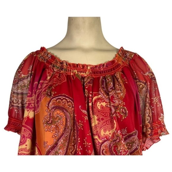 CHA Cha Vente women's red Boho patterned short sleeve top size M - Picture 2 of 5